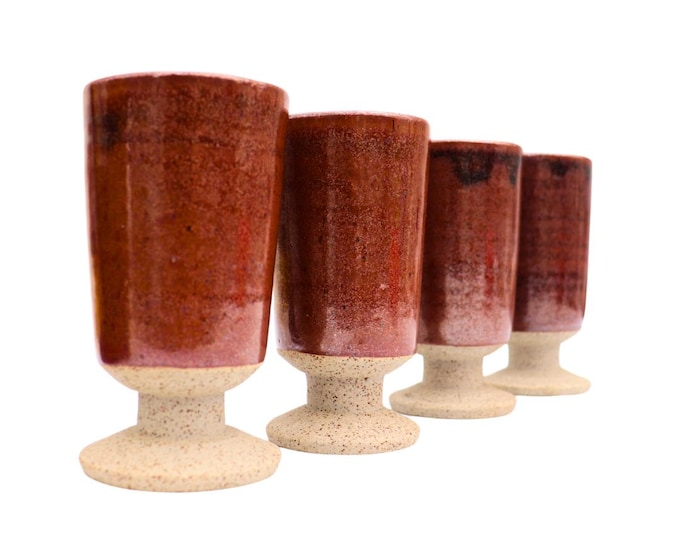 4 Studio Pottery Goblets Earthy Tones Hand-thrown Pottery