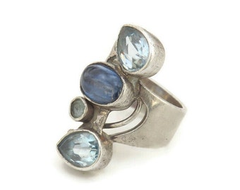 Sterling Silver Modernist  Ring With Blue Stones Size K .Sculptural Silver Ring