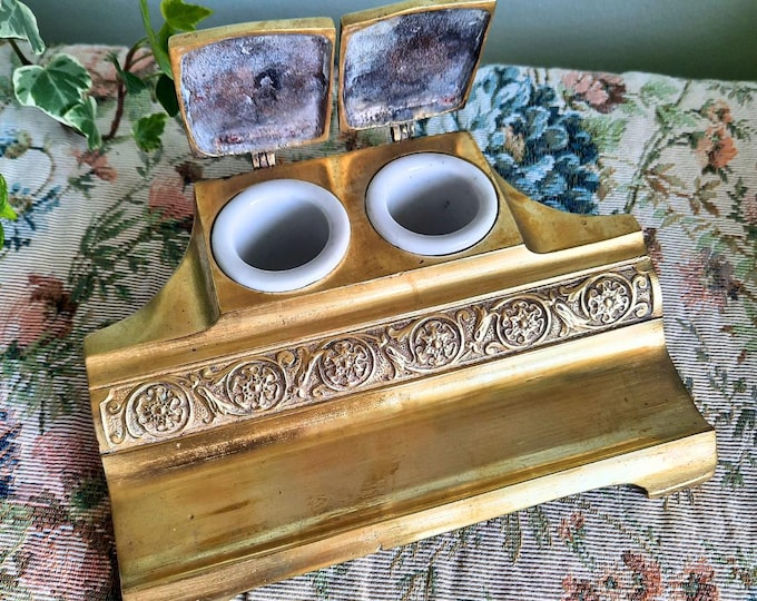 Antique Aesthetic Movement Brass Inkwell Double Ink Pot C late 1800's