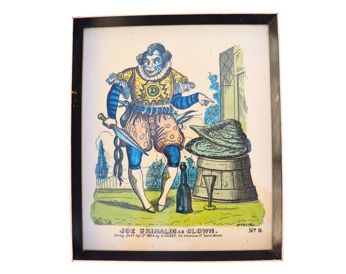 Framed Joe Grimaldi Clown Engraving: Hand-Coloured Theatrical Decor (1950's)