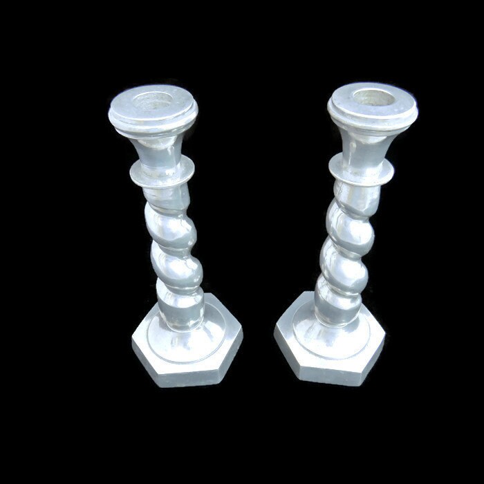 Vintage Aluminium Barley Twisted Candle Holders Hexagonal Base H 22 cm