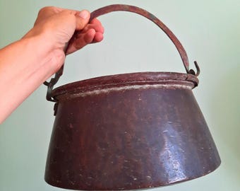 Antique French Rustic Handcrafted Copper Farmhouse Cauldron Jardiniere With Handle
