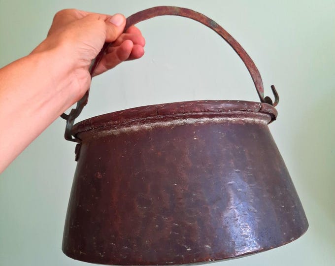 Antique French Rustic Handcrafted Copper Farmhouse Cauldron Jardiniere With Handle