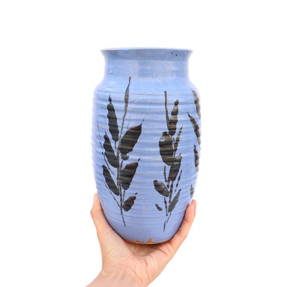 Large 1950'S Mid Century Studio Pottery Vase Periwinkle Blue Tone Glaze Leave Decoration By Walther C