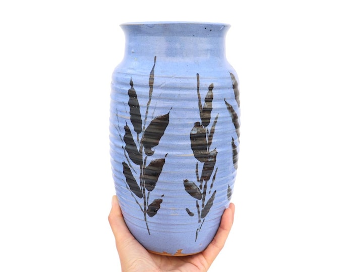 1950s Mid Century Studio Pottery Vase: Periwinkle Blue Leaf Decor by Walther C
