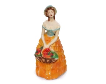 Large 1930's Crinoline Lady Plaster Figure With Basket Of Flowers 15'' Tall