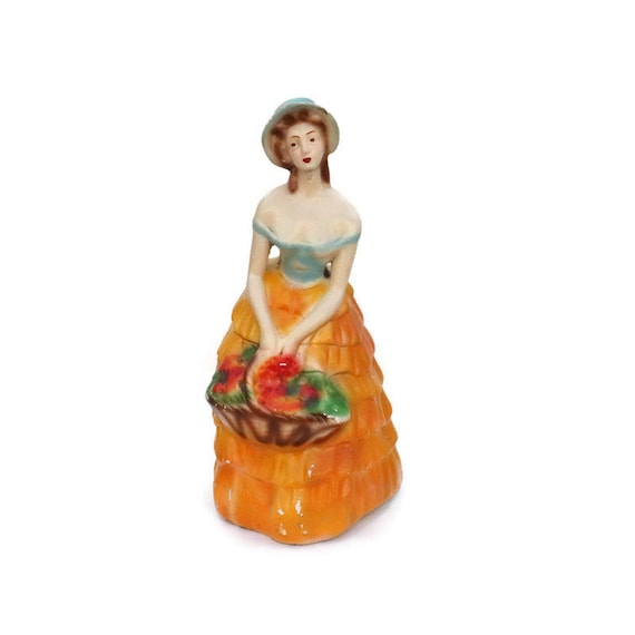 Large 1930's Crinoline Lady Plaster Figure With Basket Of Flowers 15'' Tall