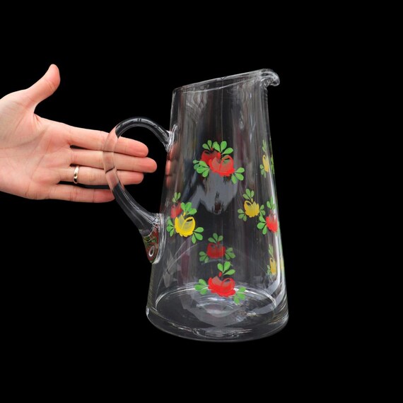 Large Mid Century Blown Glass Pitcher Jug With Hand Painted Flowers 2 Litres.