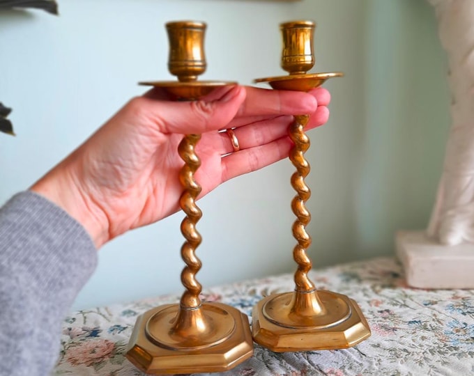 Antique Victorian Barley Twist Brass Candle Holders Pair 1800s H 8.7''