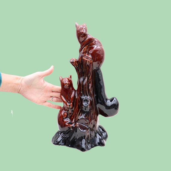 Large Brown Ceramic Squirrels on A Tree Stump Figure Ornament, Tall 16.5'' Ceramic Squirrels Figures, Mid Century Retro Animal Decor