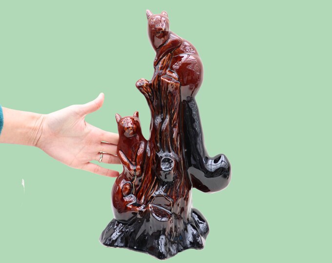 Mid Century Ceramic Squirrels on Tree Stump Figure - Retro Animal Decor (16.5'')