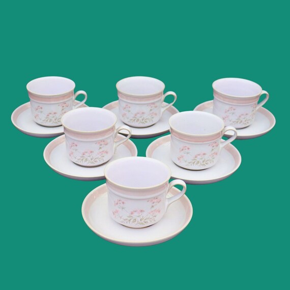 Denby Brittany Coffee Cupa and Saucers set of 6, Stoneware coffee cups, 80's coffee cups, Retro tea cups