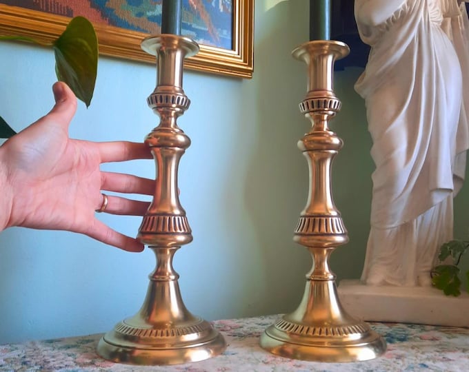 Tall and Chunky Antique Victorian Brass Candle Holders Pair 1800s H 12.2''