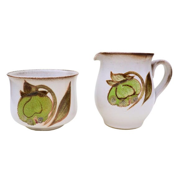 Mid Century Cream Jug and Sugar Bowl by Denby Troubador Pattern  C 1960's Stoneware milk jug and sugar bowl