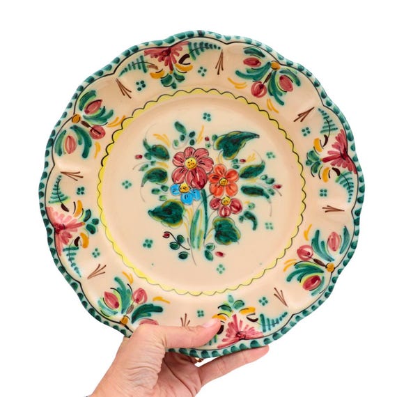 Vintage Ceramic Wall Plate Made In Canary Islands in Spain Hand-Painted Flowers 11.7 in Diameter