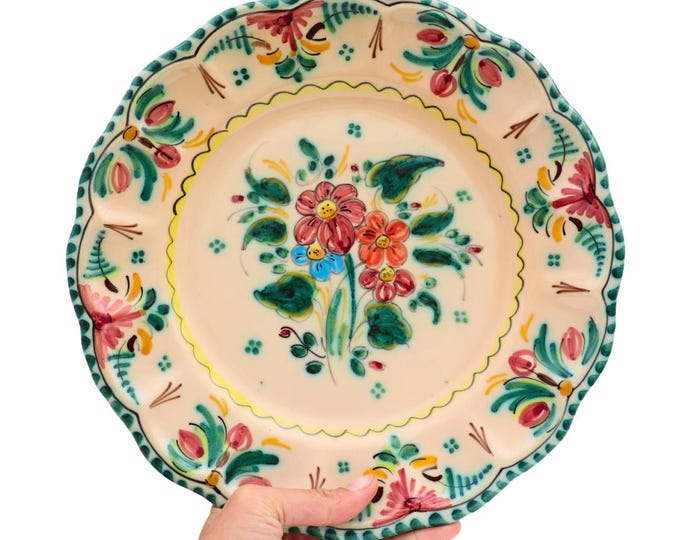 Vintage Ceramic Wall Plate Made In Canary Islands in Spain Hand-Painted Flowers 11.7 in Diameter