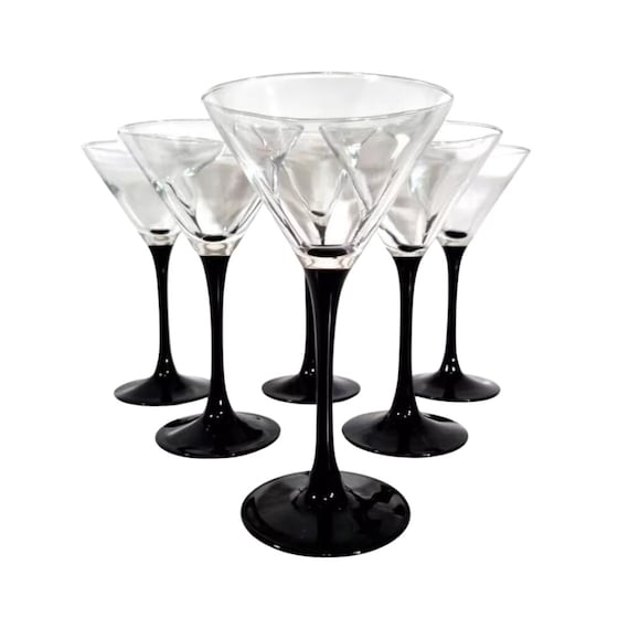 6 Black Stem Martini Glasses By Arcoroc Luminarc, Made in France, Set of 6 Cocktail Glasses