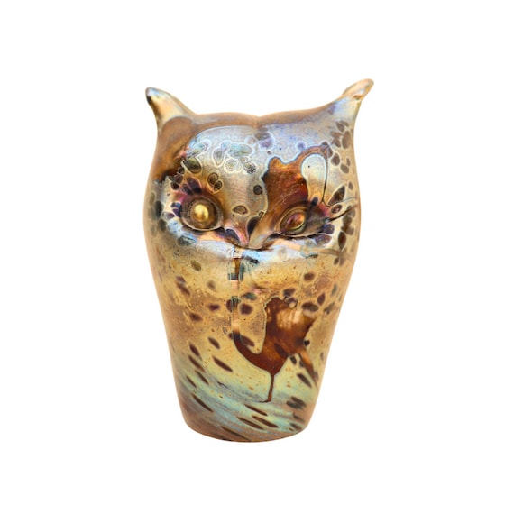 Mfarta Glass Owl Paperweight, Maltes Studio Glass Paperweight, Iridescent Glass Animal Paperweight