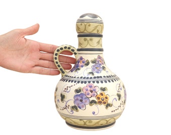 Portuguese Ceramic Caraffe By Martan Made In Portugal, Large Hand Painted Carafe Jug With Handle
