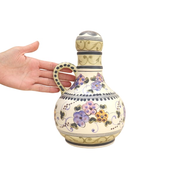 Portuguese Ceramic Caraffe By Martan Made In Portugal, Large Hand Painted Carafe Jug With Handle