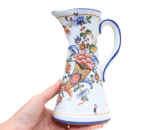French Pottery Jug: Hand-Painted Floral Vase (8.7'')