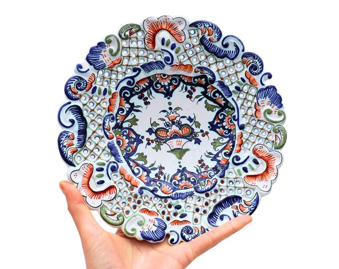 Vintage French Rouen Ceramic Wall Plate: Hand-Painted Rococo Decor