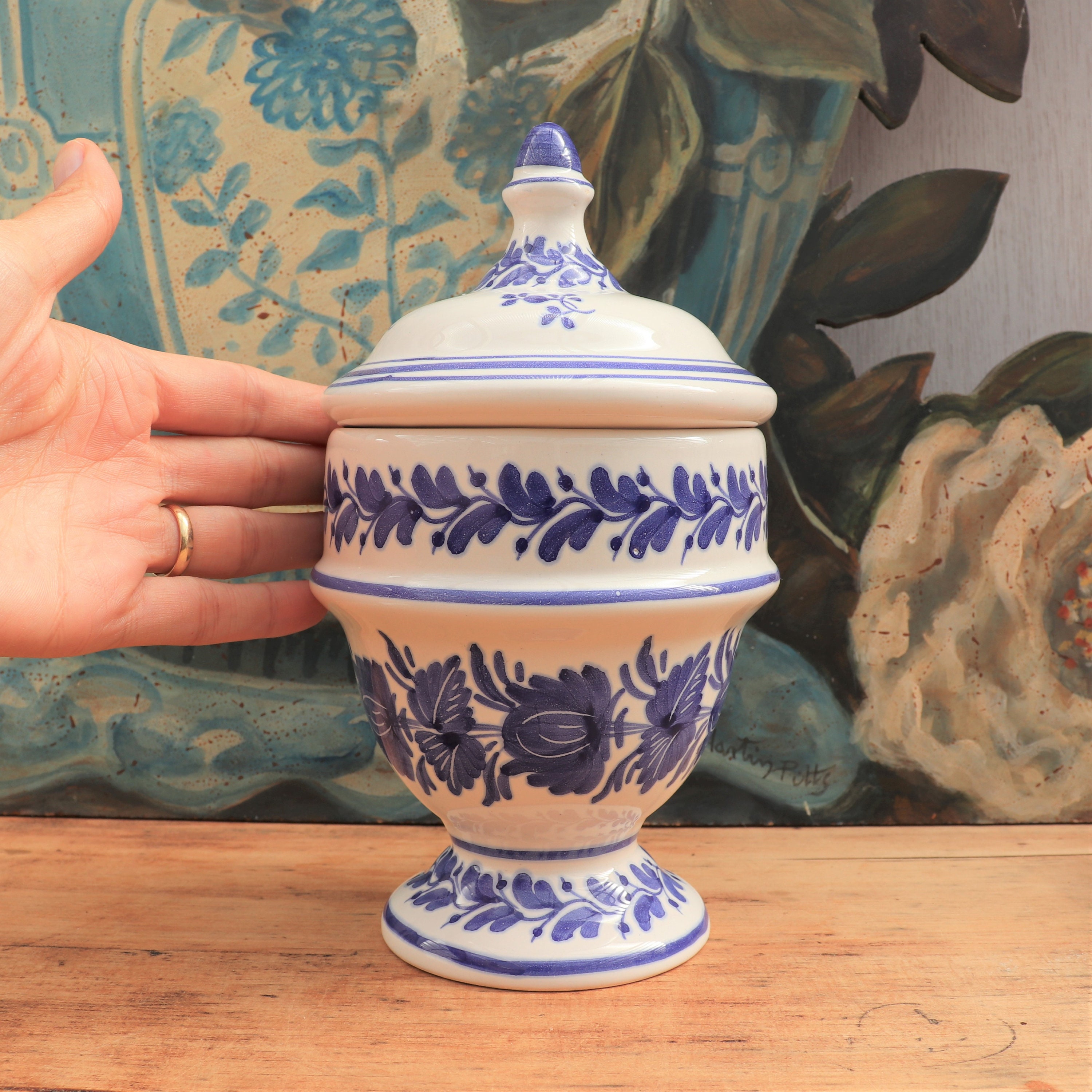 Spanish Hand Painted Blue an White Lidded Jar Candy Dish Manises Pottery