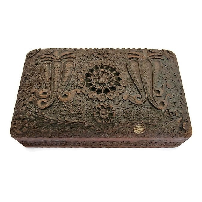 Antique Indian 3 D Hand Carved Wooden Jewellery Box Trinket Box Keep