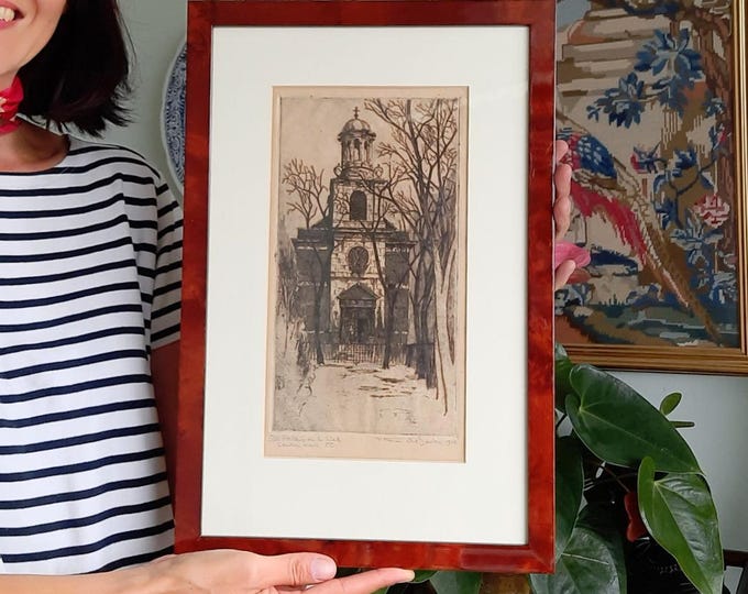 Antique Wooden Framed Authentic Etching Of All-Hallows-On The Wall Church In London City 1914
