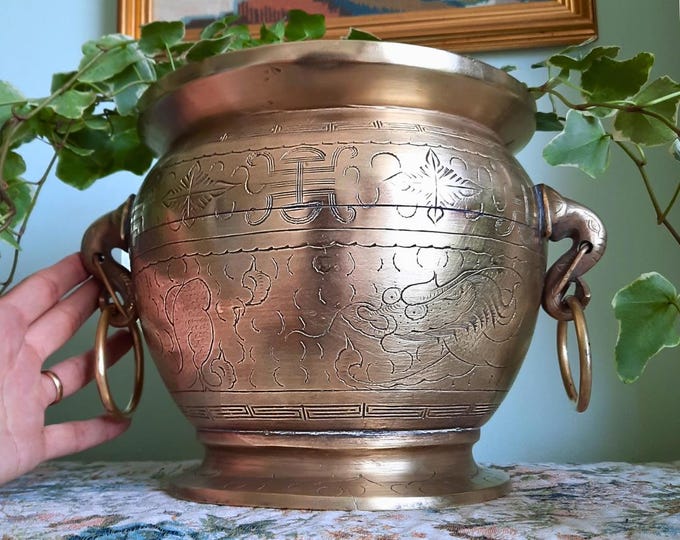 Large Antique Chinese Bronze Jardiniere With dragon Chasing Pearl Decoration and Elephant Heads Handles C 1920's.