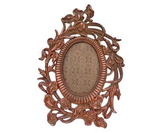 Antique French Ornate Oval Metal Picture Easel Frame Floral Calla Lilly Decoration C 1910