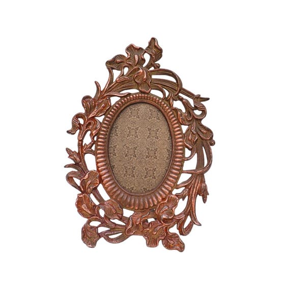 Antique French Ornate Oval Metal Picture Easel Frame Floral Calla Lilly Decoration C 1910