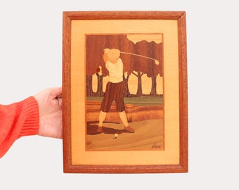 Retro Hudson River Inlay Marquetry Golfer by Jeff Nelson,  Original signed wood art, Golf Wall Decor, Gift for the home