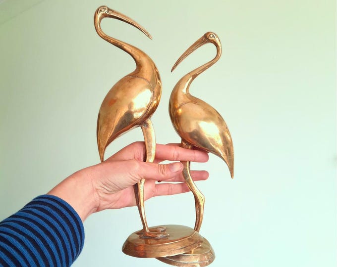 12'' Large Mid Century Brass Stork Birds Figures Pair 31 cm Tall, Large Brass Animal Decor.