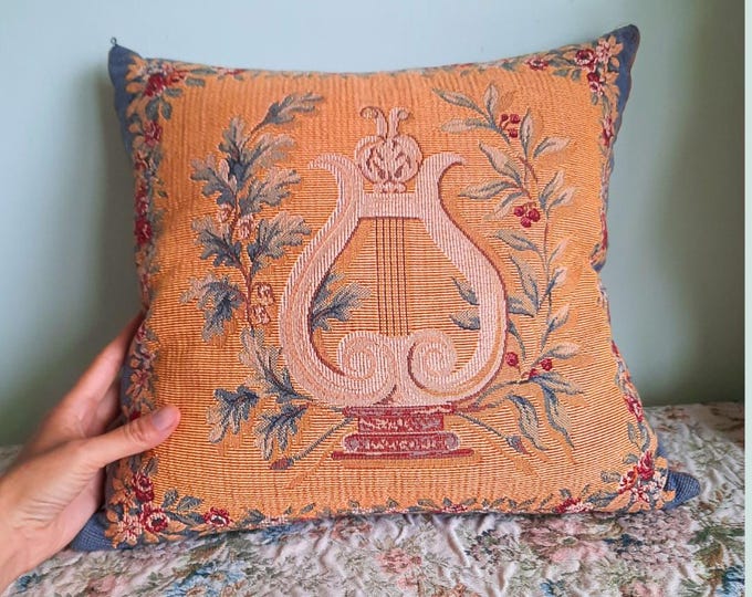 Vintage J Pansu Style Decorative Pillow With Lyra Instrument Pattern, French Country Yellow Blue Muted Tones