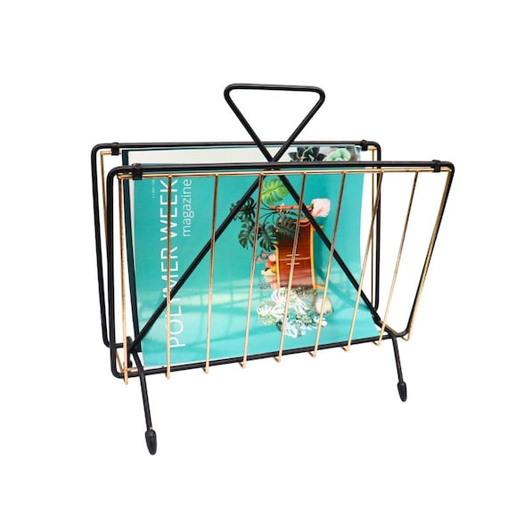 Mid Century Metal Magazine Rack In Black And Gold Tones, 1970's Retro Storage Rack
