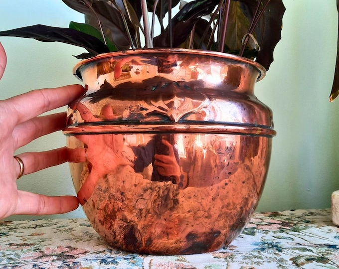 Antique Art Nouveau Embossed Copper Jardiniere 6.5'' Tall