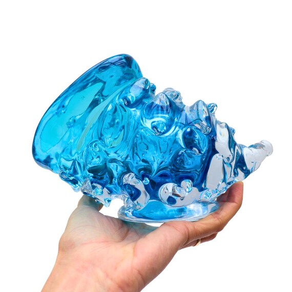 Large Hand Blown Concha Shell Sculpture In Aqua Blue Tones Nautical Home Decor Heavy