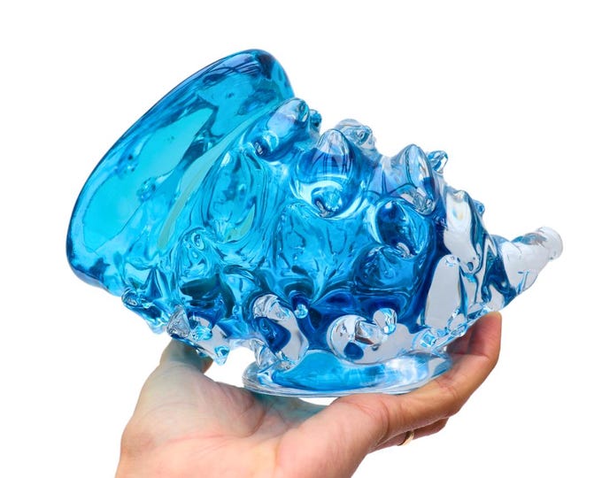 Large Hand Blown Concha Shell Sculpture In Aqua Blue Tones Nautical Home Decor Heavy