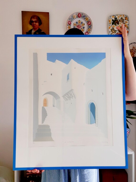 Large Blue Metal Framed Lithograph La Kasbah Indistinctly Signed. Mediterranean Wall Art
