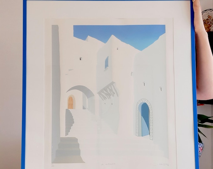 Large Blue Metal Framed Lithograph La Kasbah Indistinctly Signed. Mediterranean Wall Art