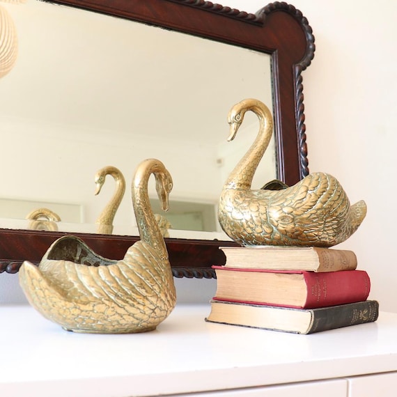 Large Mid Century Brass Swam Planters Pair, Mid Century Planter, Brass Animal Decor, Brass Decor