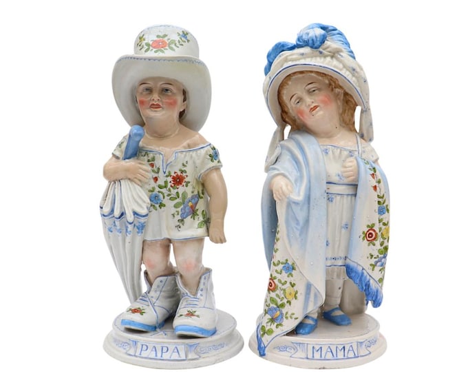 Antique German Pair Of Porcelain Humorous Mapa Papa Figures By Conta and Boehme C 1880's. Humorous Wedding Gift