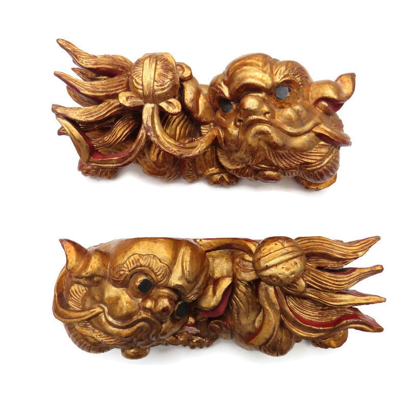 Antique Chinese Wooden Carved Foo Dog Figures Decor Pair .Fengshui