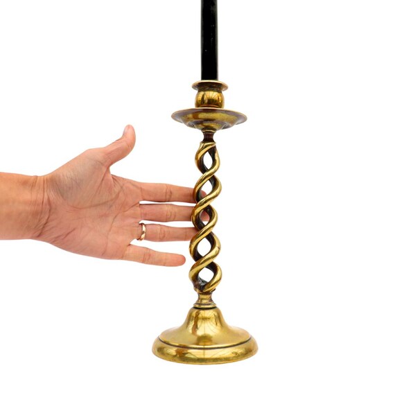 Tall Heavy Antique Victorian Open Barley Twist Brass Candle Holder Single Candlestick Holder 1800s