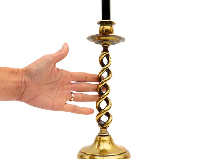 Tall Heavy Antique Victorian Open Barley Twist Brass Candle Holder Single Candlestick Holder 1800s