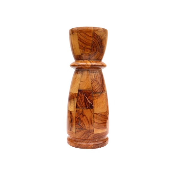 Vintage Olive Wood Marquetry Bud Vase, Chunky Olive Wood Vase For Dried Flowers Made In Corfu.