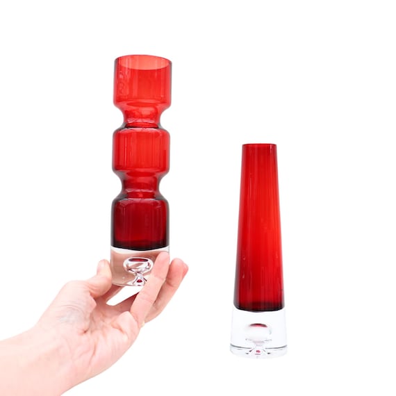 Mid Century Scandinavian Glass vases By Bo Borgstrom , Swedish Mid Century Modern Glass Vases, Red Glass Bud Vases, MCM Home Decor