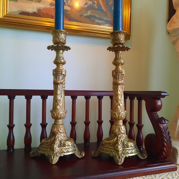 Antique French Rococo Brass Candlesticks Holders Pair 10.7'' Tall