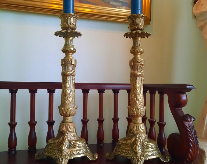 Antique French Rococo Brass Candlesticks Holders Pair 10.7'' Tall